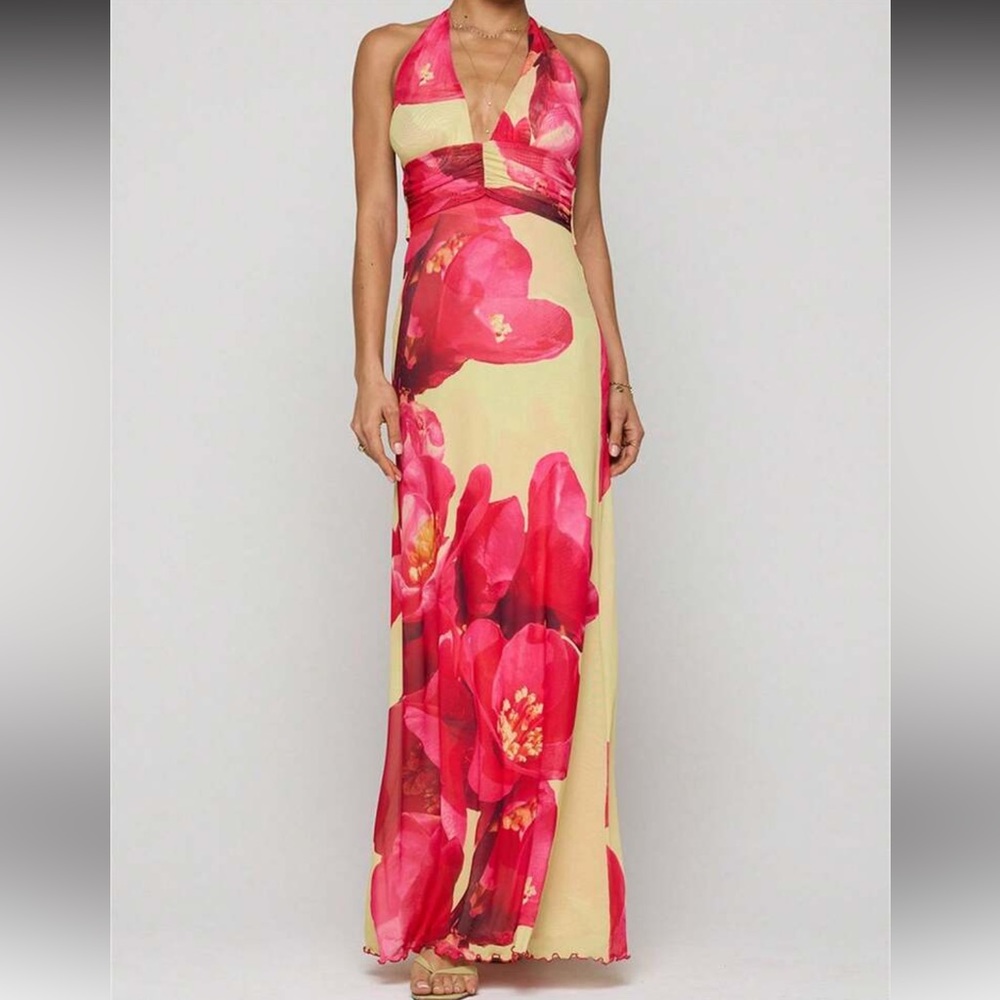 Floral Pink and Cream Halter Maxi Dress
